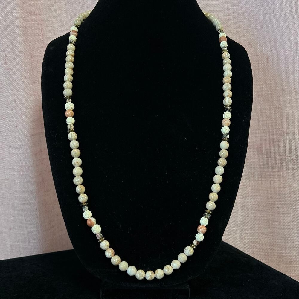 Picture Jasper, Bovine, and Sunstone Crystal 31 in Beaded Necklace w/ Brass